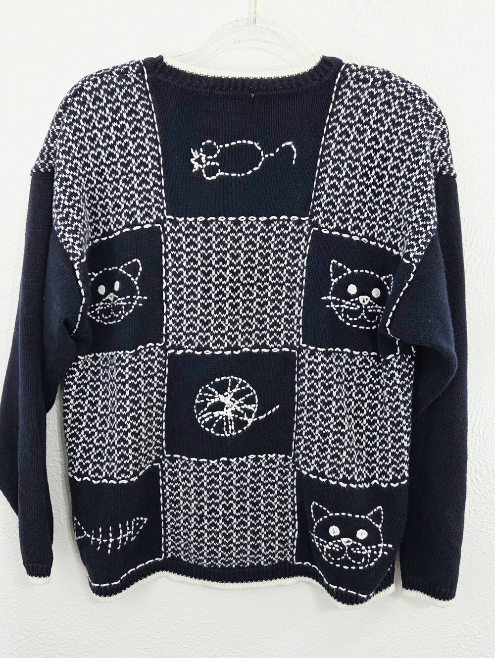 Vintage cat lady sweater embroidered doodle patchwork navy blue hearts XL - Picture 2 of 4